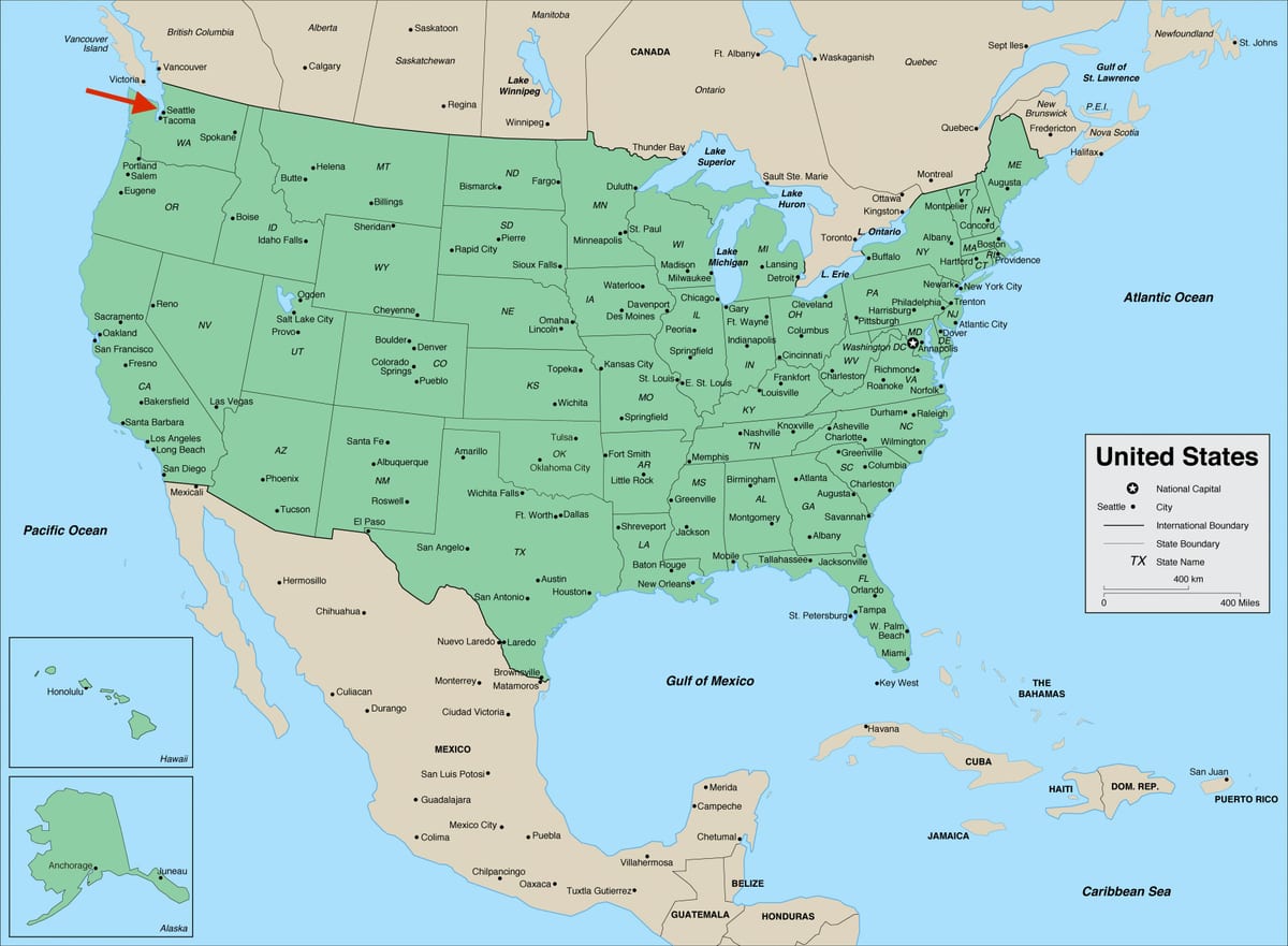 ワシントン州シアトル - アメリカ地図