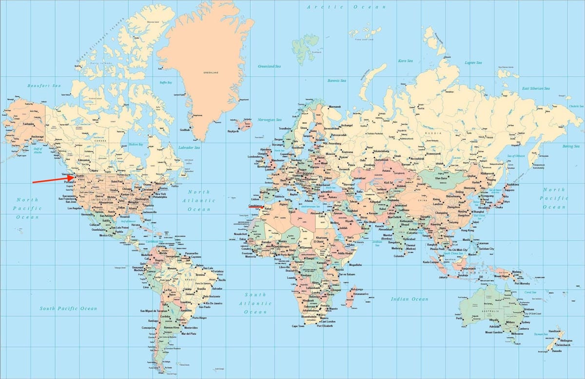 世界地図上のシアトルの位置